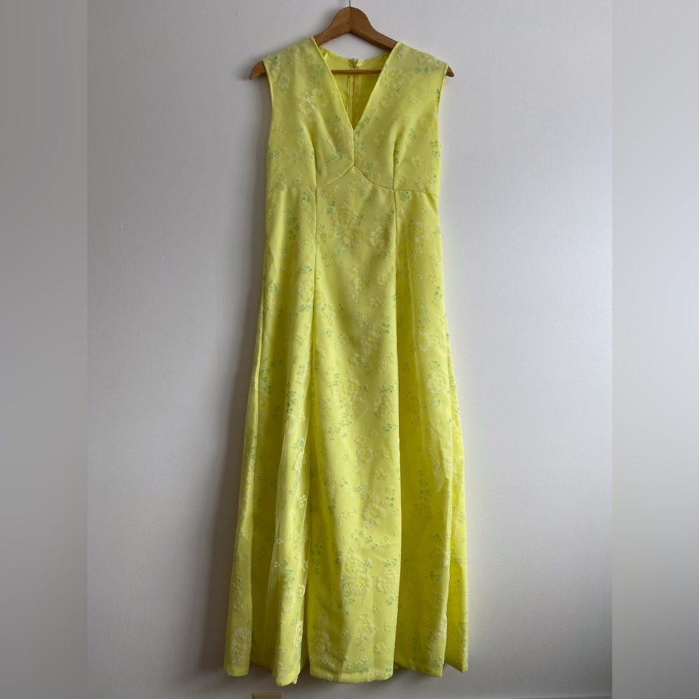Vintage Homemade Lemon Yellow Floral V Neck Maxi Dress